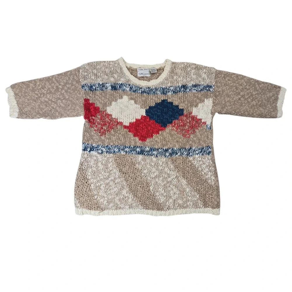 SML Sport Vintage Hand Knit Linen Cotton Sweater Beige Red Blue Diamond M‎